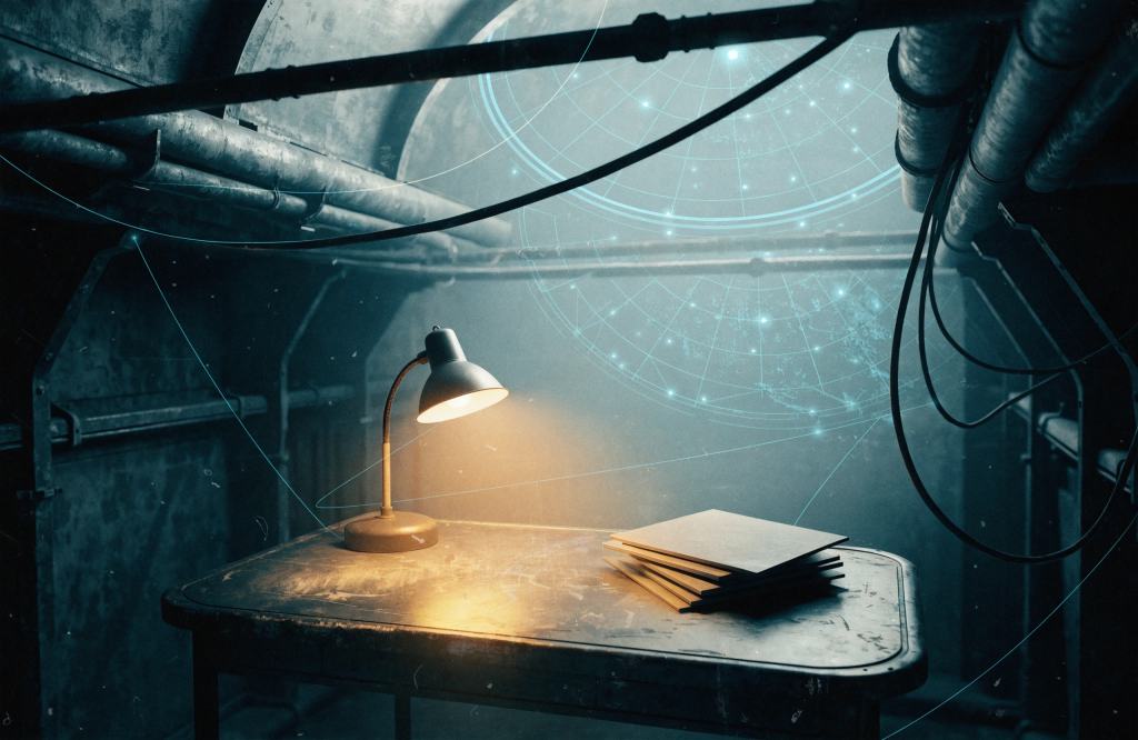 Original concept art: a dim station archive, with star charts glowing above a worn metal table and a single desk lamp