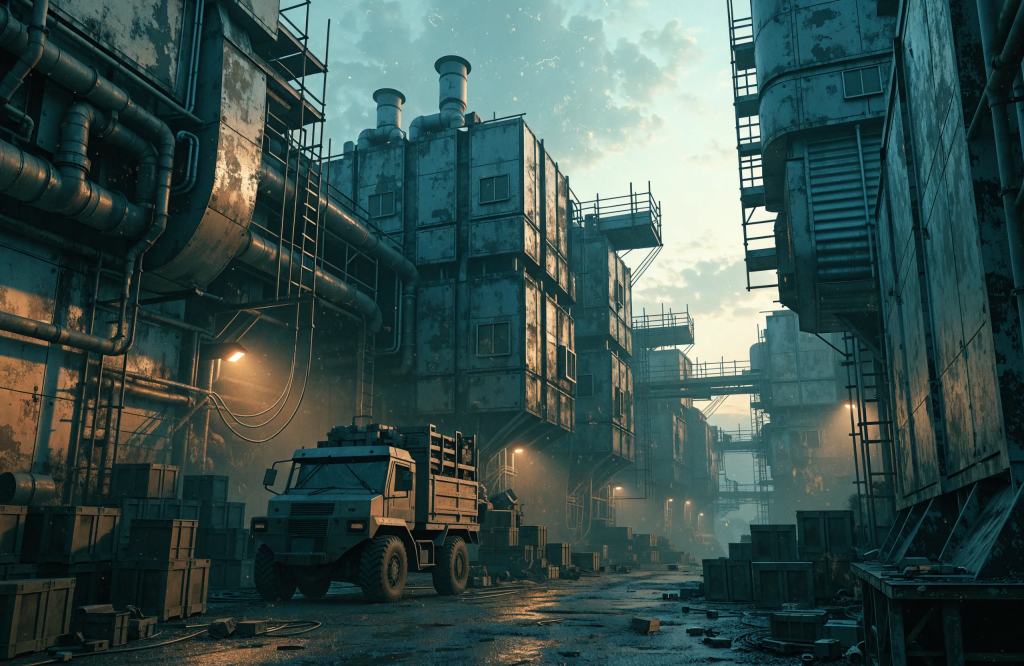 Original concept art: a street between weathered industrial buildings at dusk, with pipework, scaffolding, stacked crates and a parked six-wheeled hauler under a work lamp