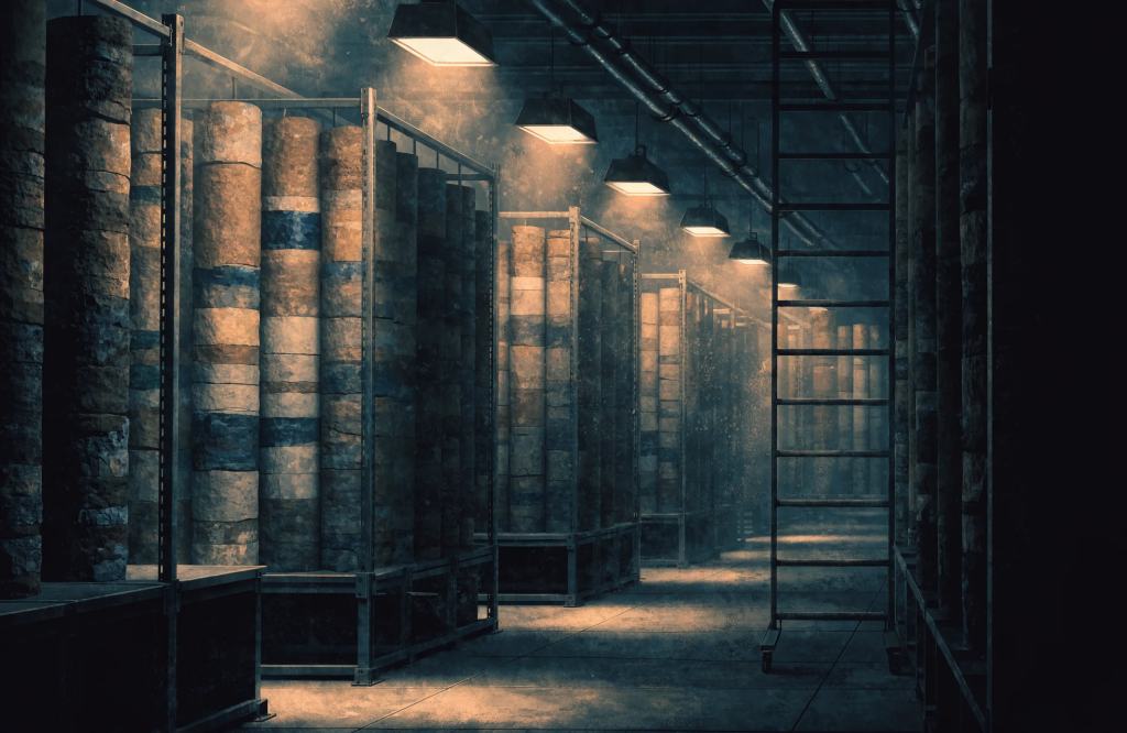 Original concept art: a dim hall of tall steel racks holding stacked cylindrical core samples under hooded lamps, with a rolling ladder