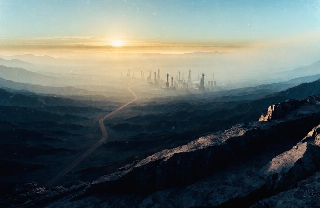 Original concept art: a dusty frontier basin at dusk seen from a ridge, with distant refinery towers and a long service road