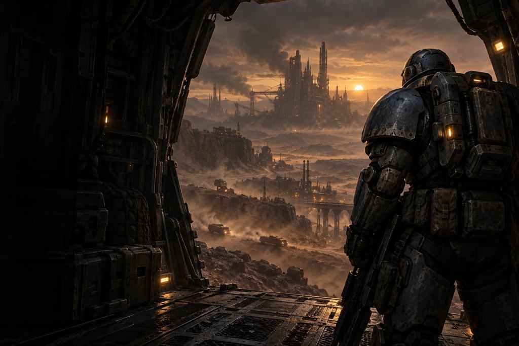 Original concept art: an armoured infantry soldier overlooks an industrial frontier from a dropship