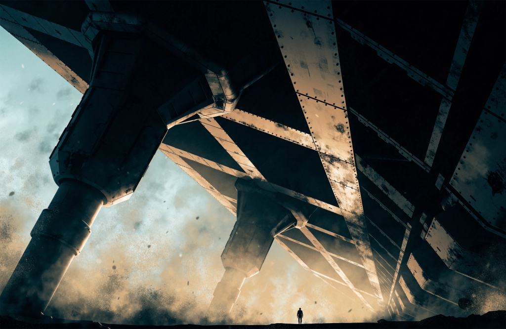 Original concept art: a lone human silhouette dwarfed by the underside of a colossal industrial landing structure, seen from ground level