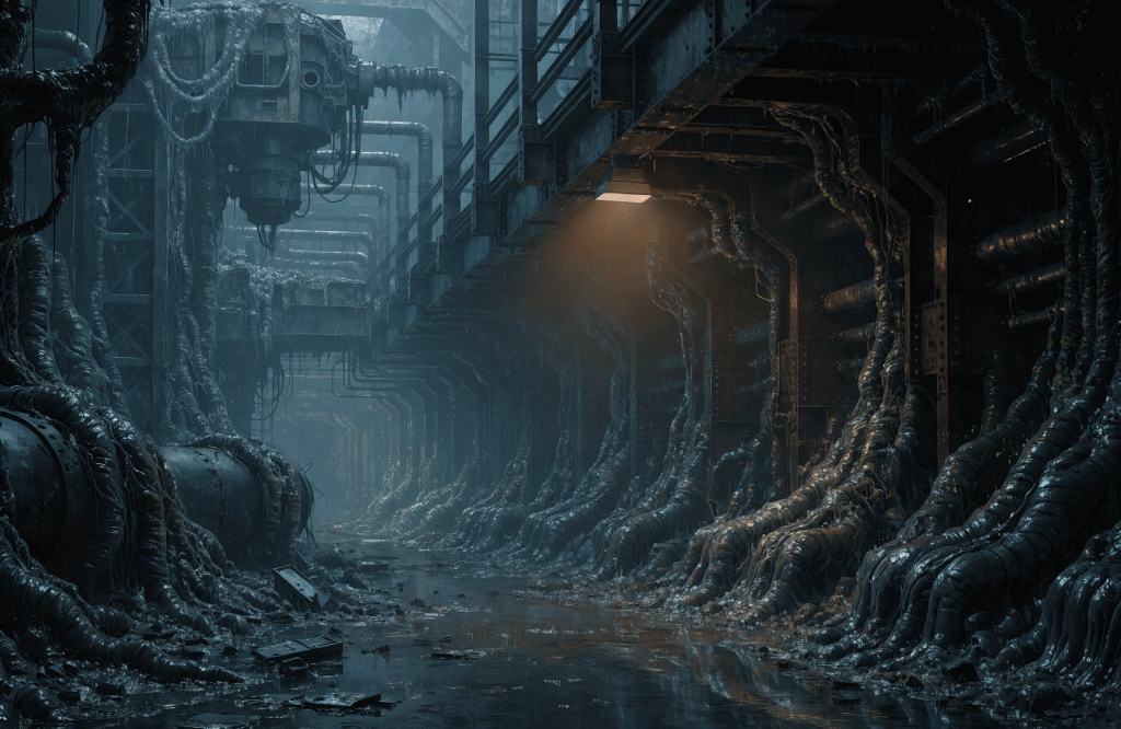 Original concept art: a dark industrial corridor whose gantries and pipework are overgrown with ribbed organic tendrils, lit by a single lamp