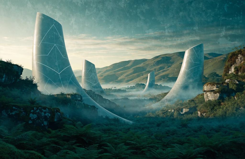 Original concept art: four tall curved pale monoliths with faint engraved lines, standing in a misty green valley at first light