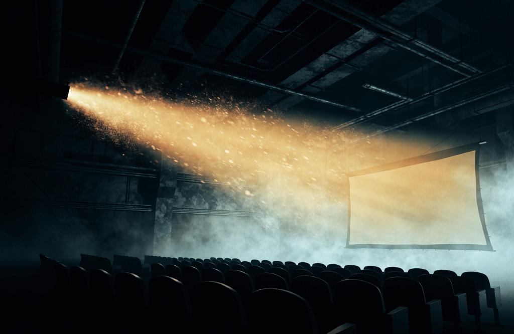 Original concept art: a projector beam cutting through haze onto a blank screen in a dark industrial hall of empty seats