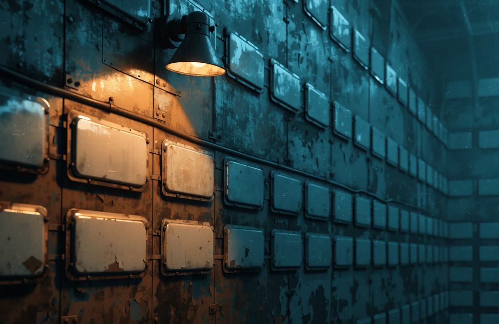 Original concept art: rows of blank enamel plates on a worn riveted metal wall, lit by one hooded lamp